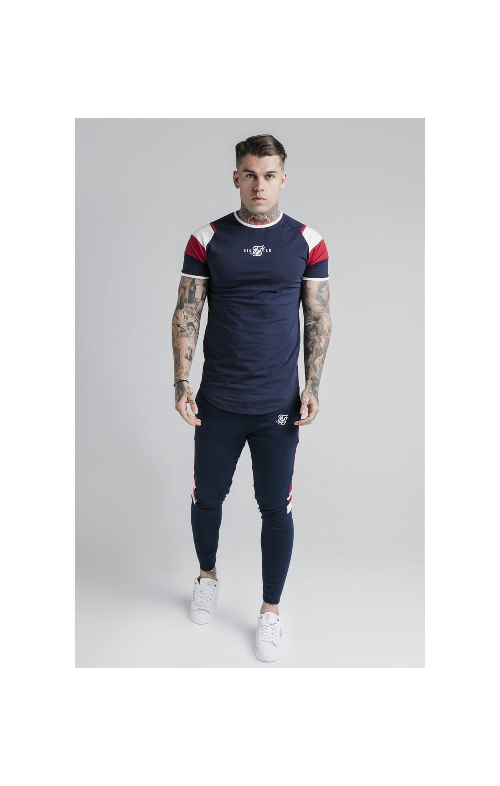 Load image into Gallery viewer, SikSilk S/S Retro Sprint Gym Tee - Navy,Red &amp; Off White (3)