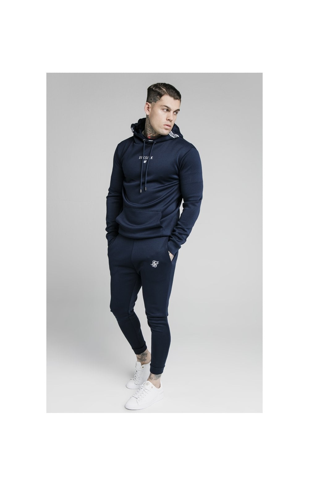 Load image into Gallery viewer, SikSilk Element Muscle Fit Overhead Hoodie - Navy &amp; White (2)