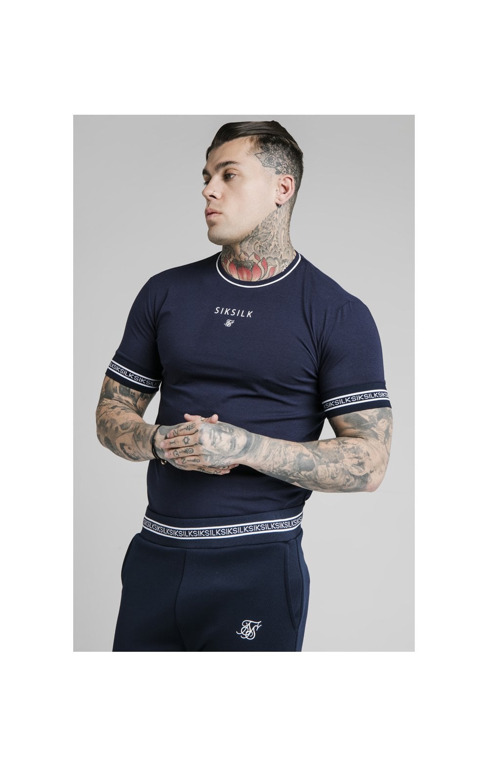 Load image into Gallery viewer, SikSilk Element Straight Hem Gym Tee – Navy &amp; White (1)