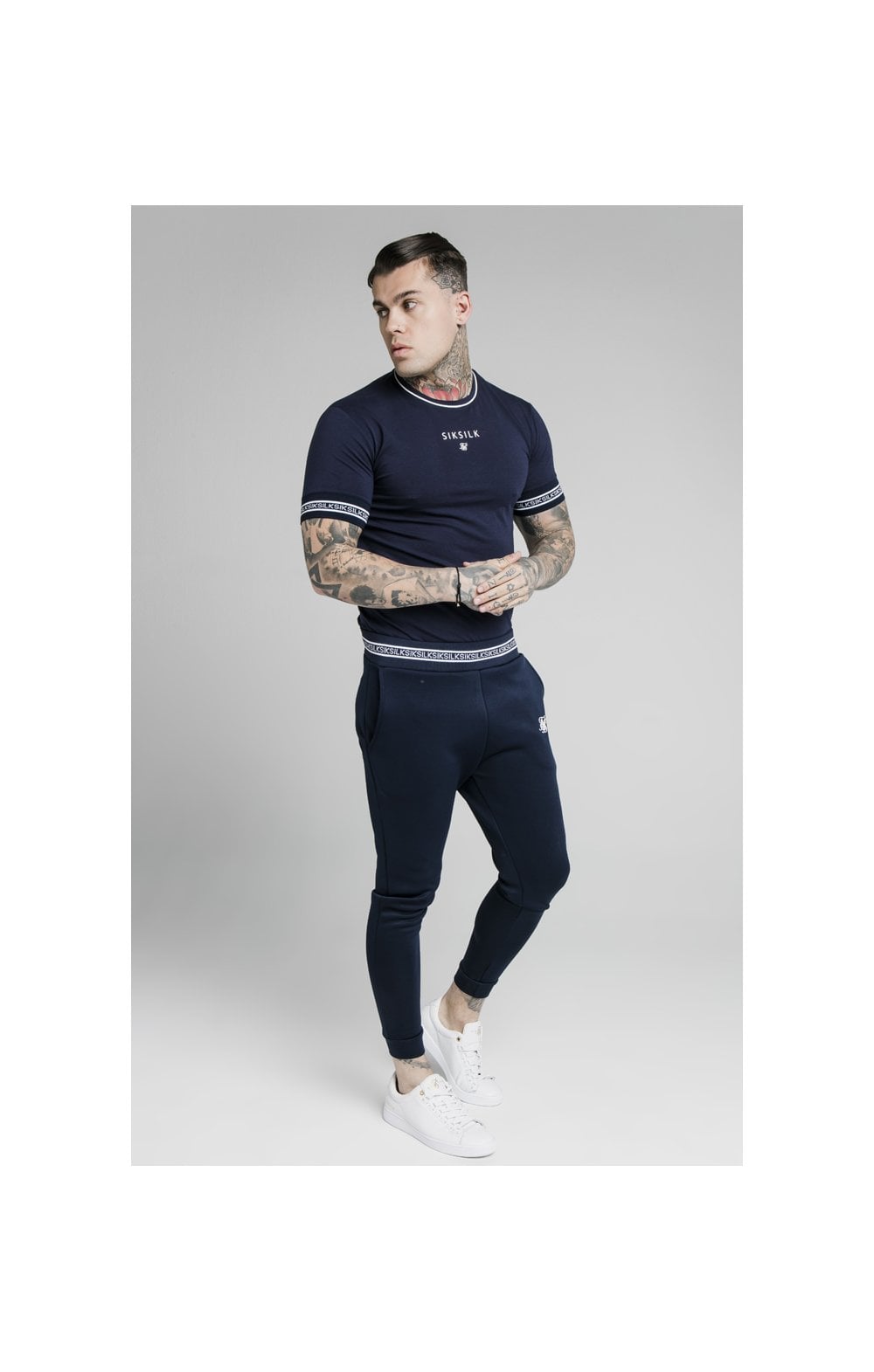 Load image into Gallery viewer, SikSilk Element Straight Hem Gym Tee – Navy &amp; White (2)