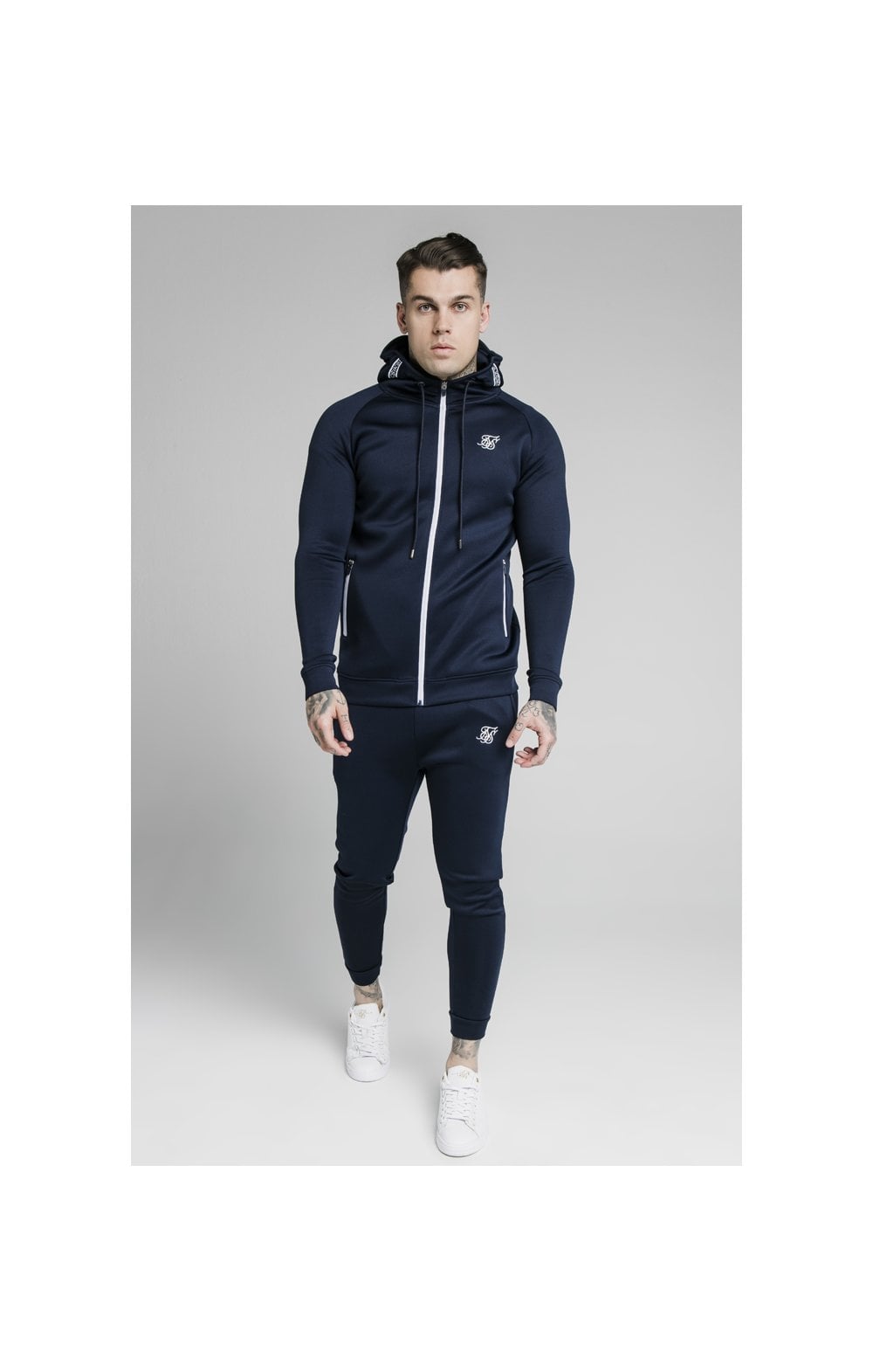 Load image into Gallery viewer, SikSilk Element Muscle Fit Cuff Joggers - Navy &amp; White (2)