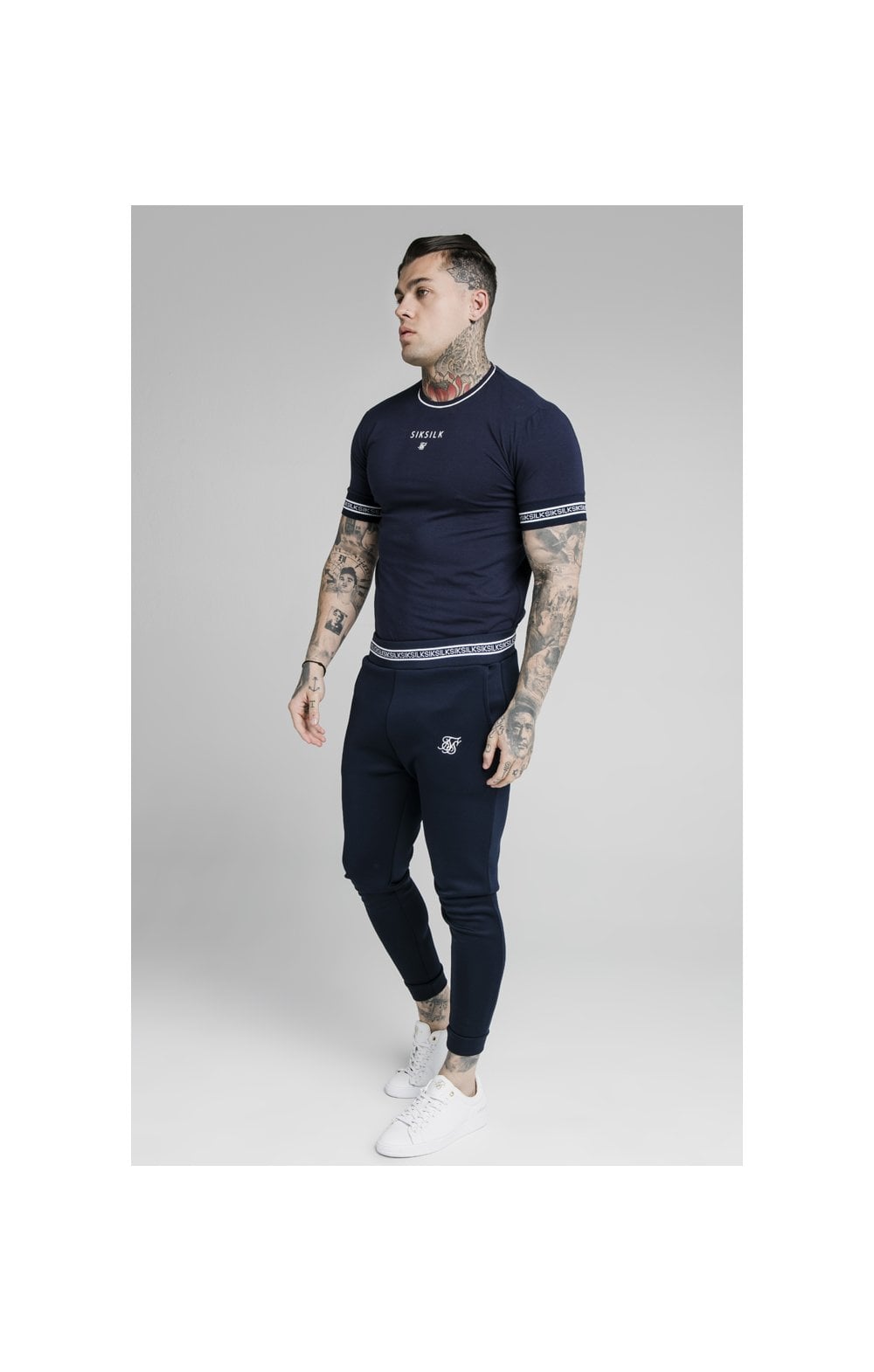 Load image into Gallery viewer, SikSilk Element Muscle Fit Cuff Joggers - Navy &amp; White (4)
