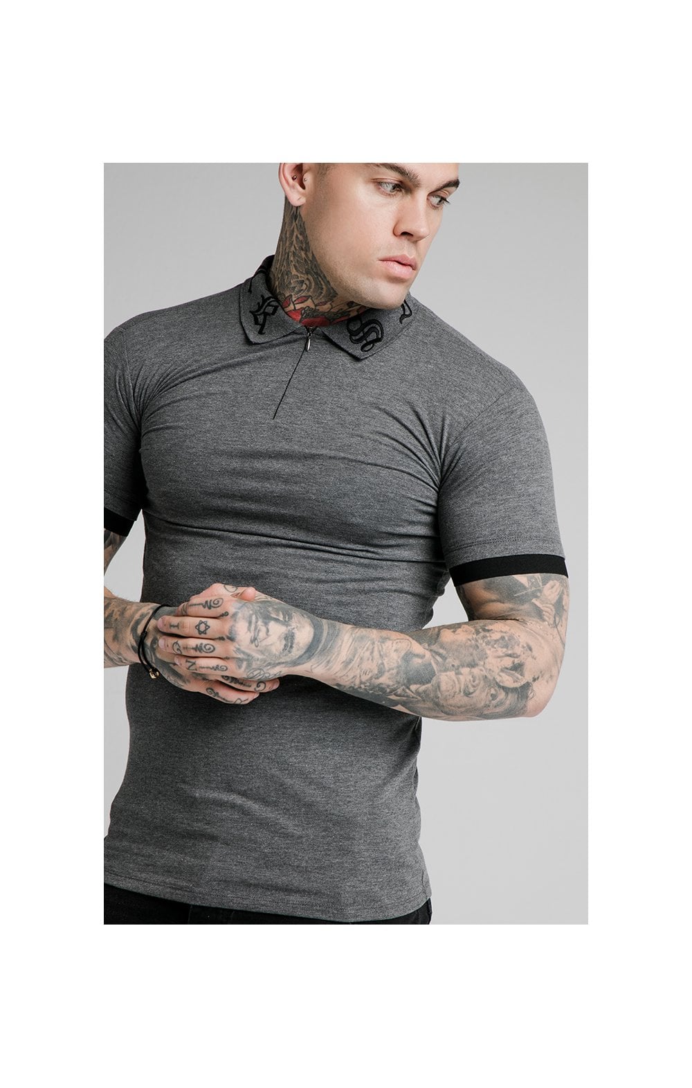 Load image into Gallery viewer, SikSilk S/S Old English Inset Cuff Polo - Dark Grey Marl (1)