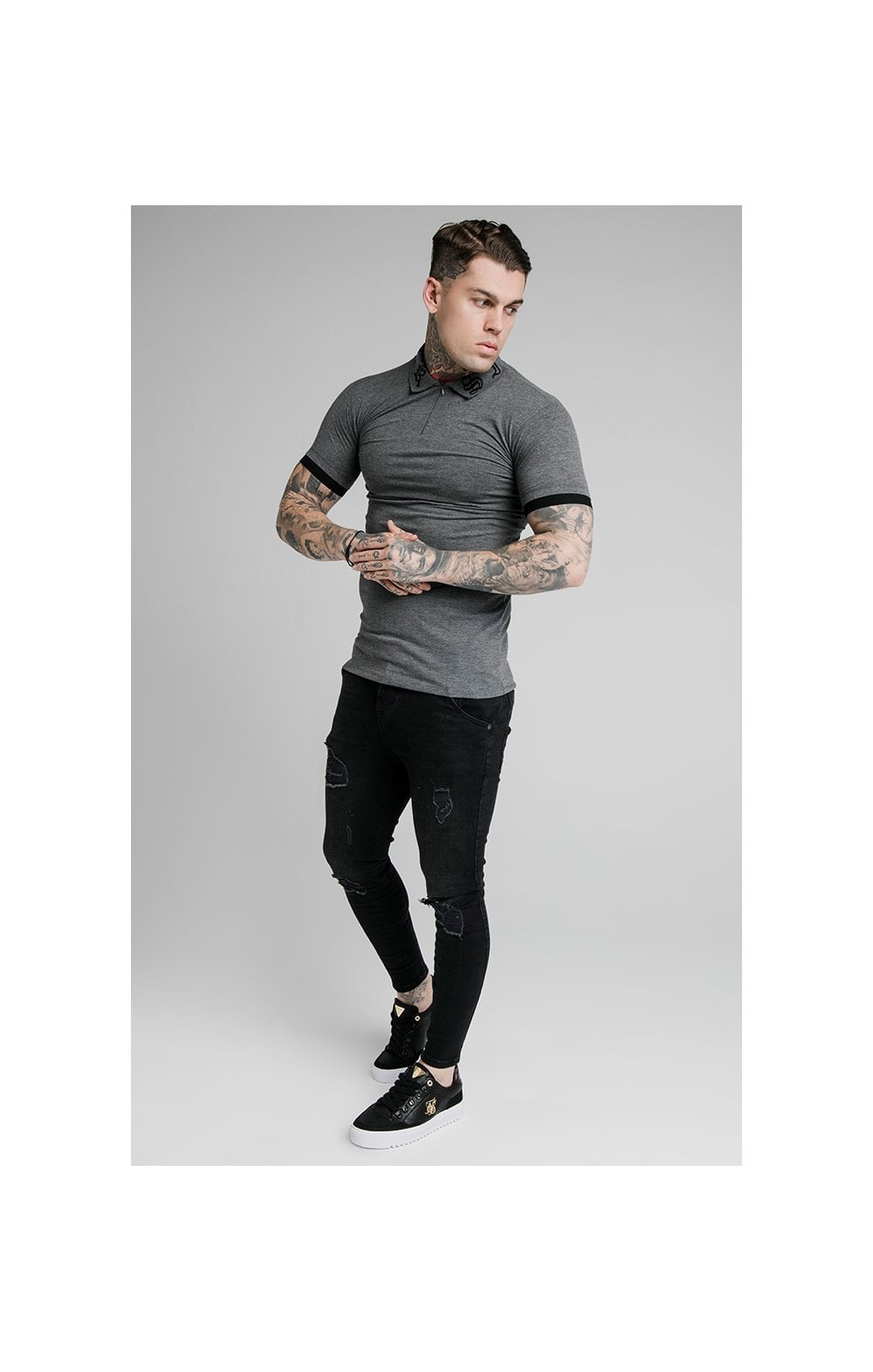 Load image into Gallery viewer, SikSilk S/S Old English Inset Cuff Polo - Dark Grey Marl (2)