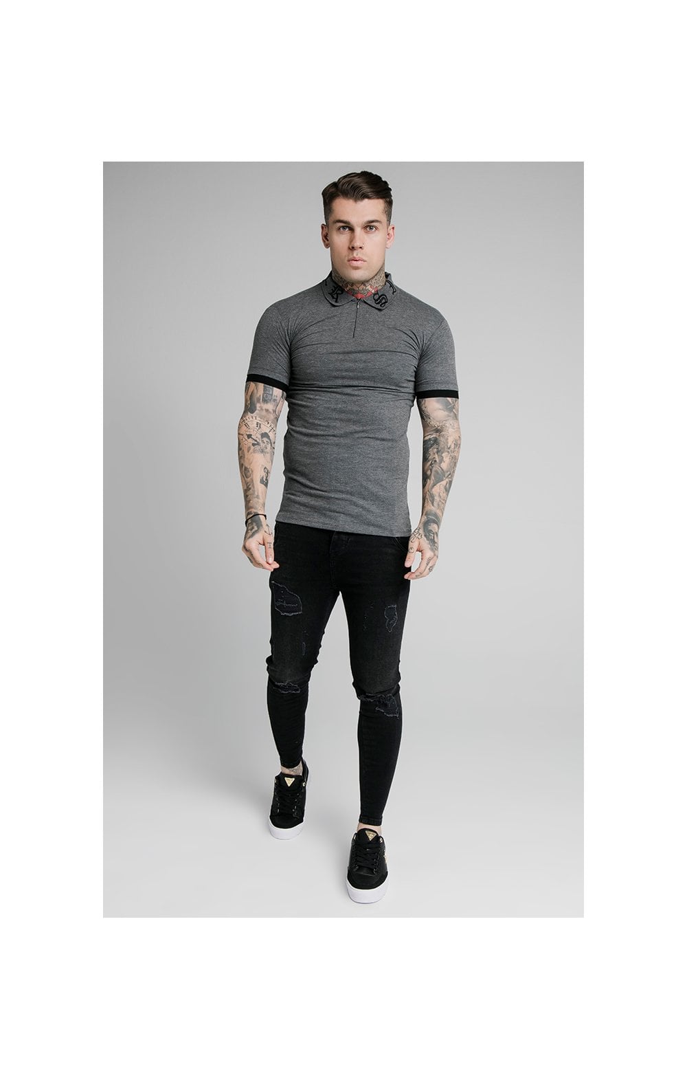 Load image into Gallery viewer, SikSilk S/S Old English Inset Cuff Polo - Dark Grey Marl (3)
