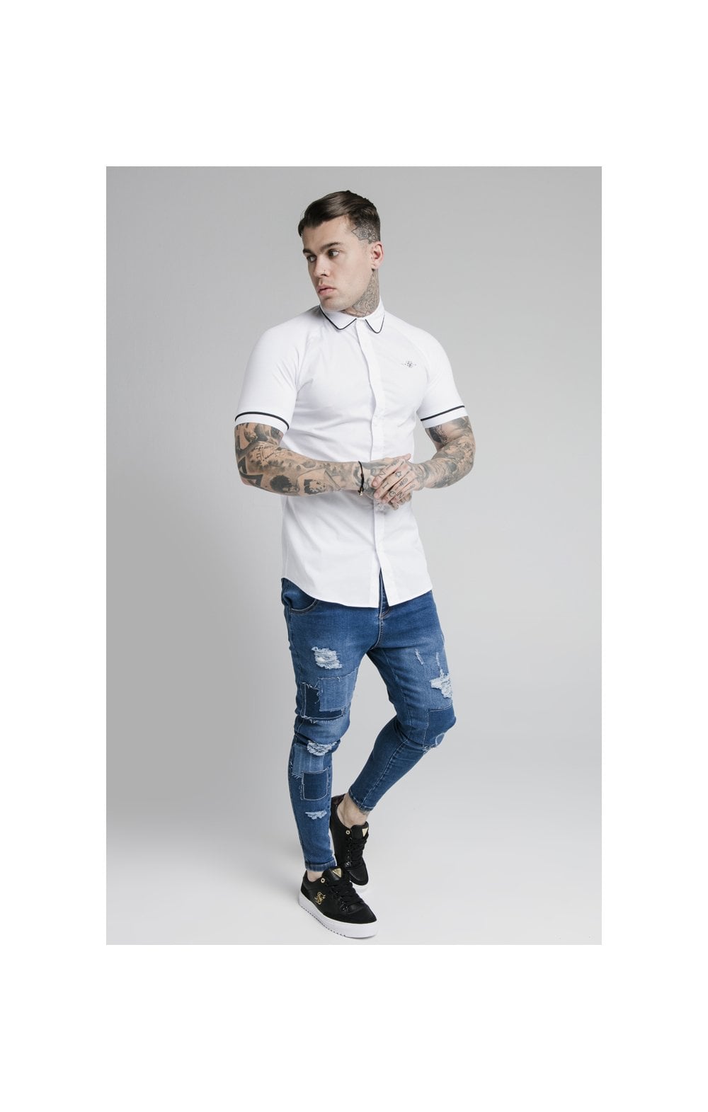 Load image into Gallery viewer, SikSilk S/S Piping Inset Cuff Shirt - White (2)