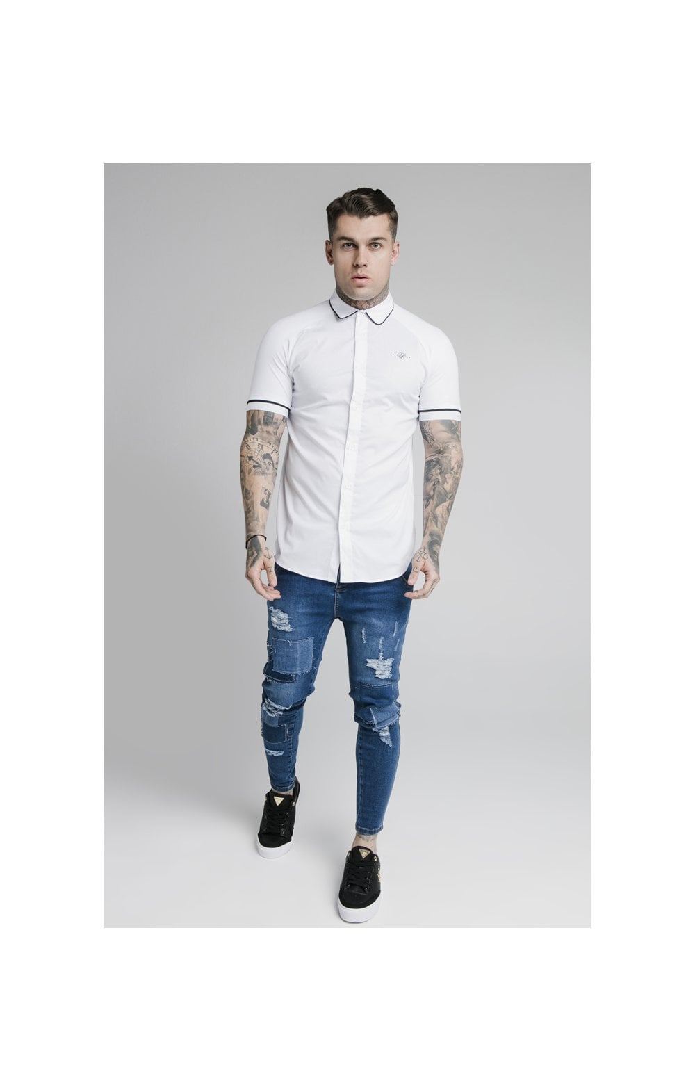 Load image into Gallery viewer, SikSilk S/S Piping Inset Cuff Shirt - White (3)