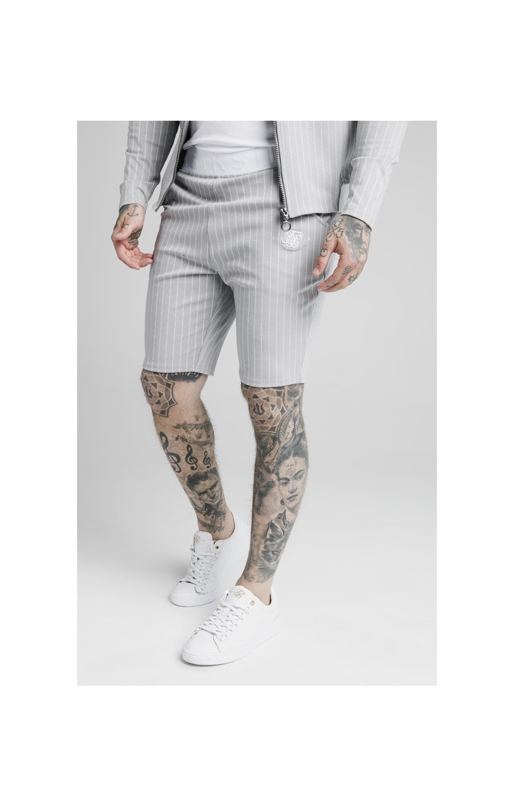 Load image into Gallery viewer, SikSilk Dual Stripe Poly Shorts - Grey &amp; White