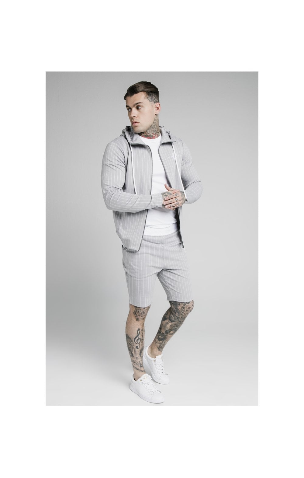 Load image into Gallery viewer, SikSilk Dual Stripe Poly Shorts - Grey &amp; White (2)