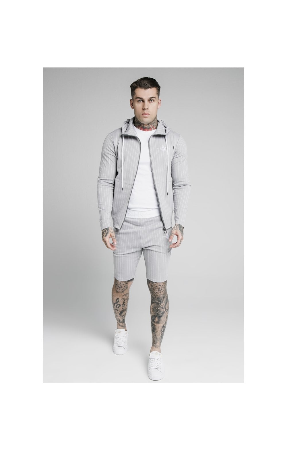 Load image into Gallery viewer, SikSilk Dual Stripe Poly Shorts - Grey &amp; White (4)