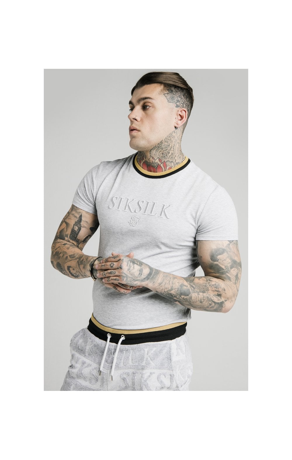 Load image into Gallery viewer, SikSilk Straight Hem Gym Tee - Grey,Black &amp; Gold