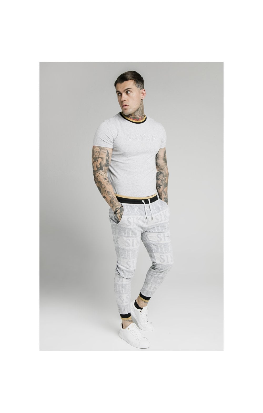 Load image into Gallery viewer, SikSilk Straight Hem Gym Tee - Grey,Black &amp; Gold (2)