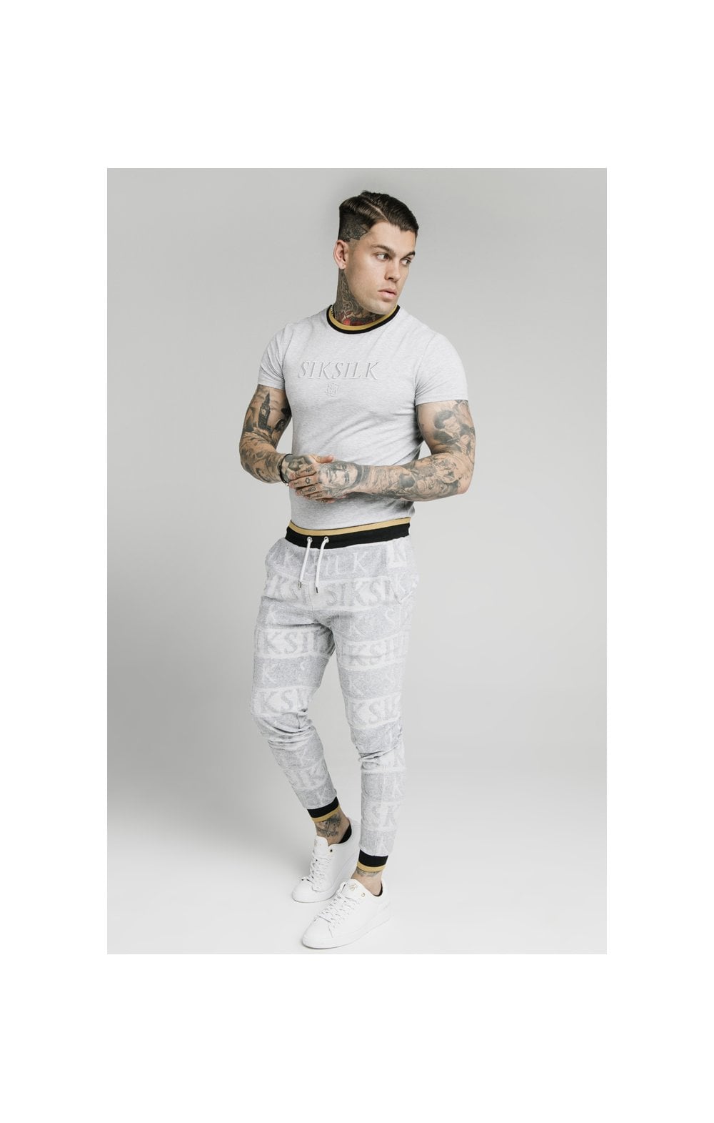 Load image into Gallery viewer, SikSilk Straight Hem Gym Tee - Grey,Black &amp; Gold (5)