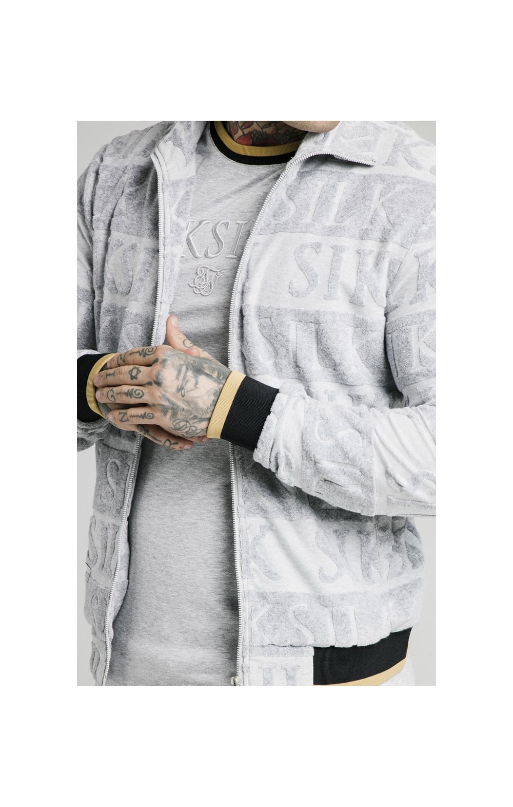 Load image into Gallery viewer, SikSilk Inverse High Neck Bomber - Grey,Black &amp; Gold (1)