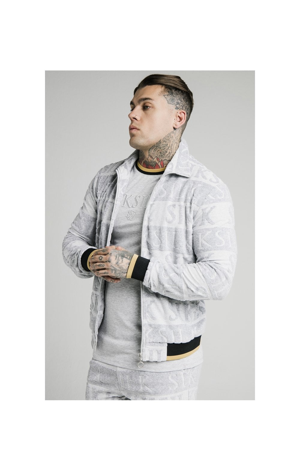 Load image into Gallery viewer, SikSilk Inverse High Neck Bomber - Grey,Black &amp; Gold