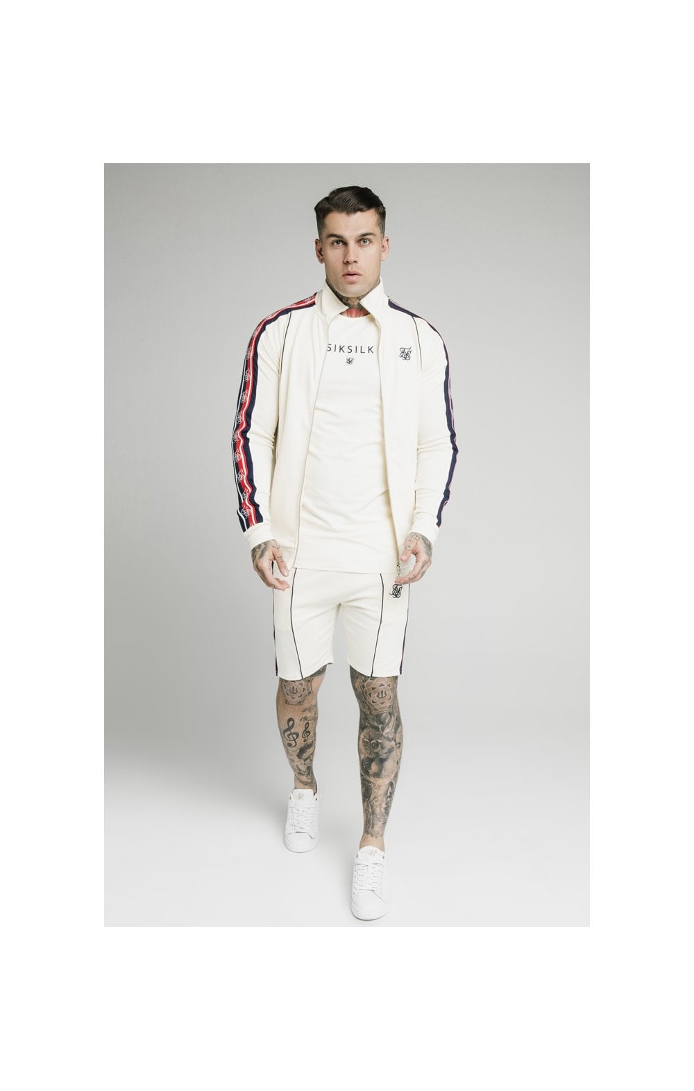 Load image into Gallery viewer, SikSilk Retro Funnel Neck Tape Zip Through Track Top - Off White (4)