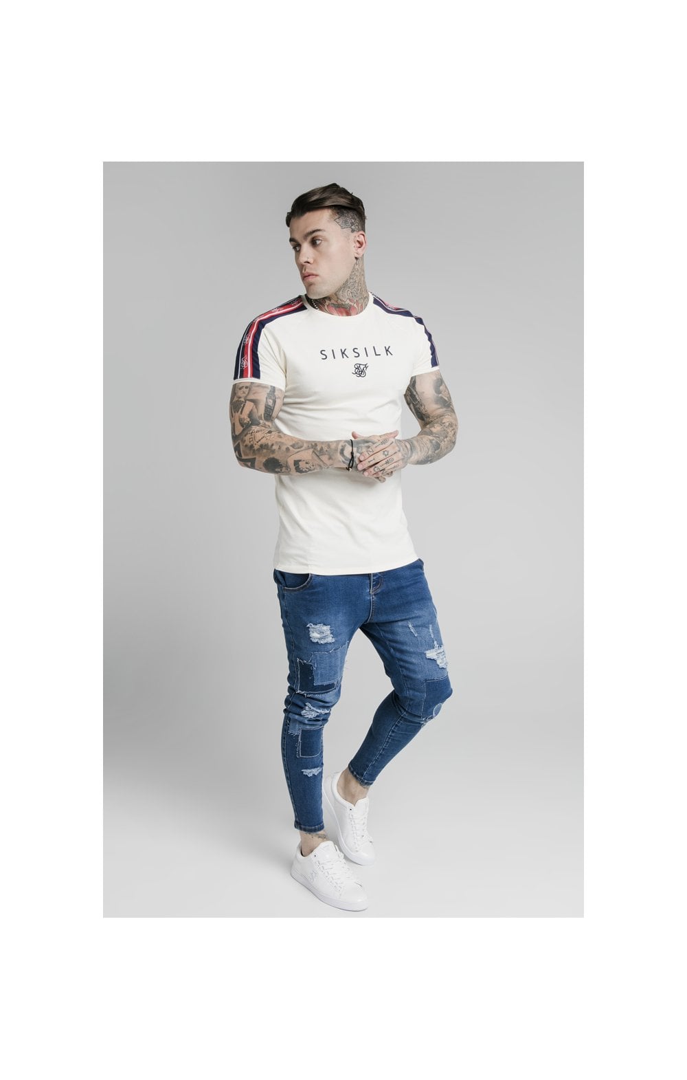 Load image into Gallery viewer, SikSilk S/S Raglan Retro Tape Gym Tee - Off White (4)