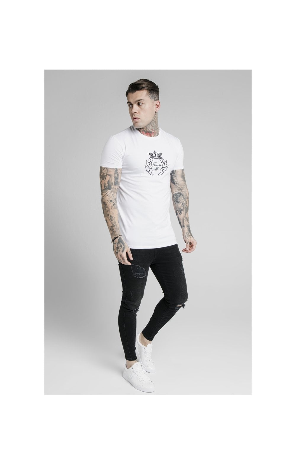 Load image into Gallery viewer, SikSilk S/S Prestige Embroidery Gym Tee - White (2)