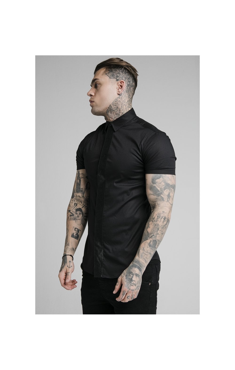 Load image into Gallery viewer, SikSilk S/S Woven Tape Placket Shirt - Black (2)