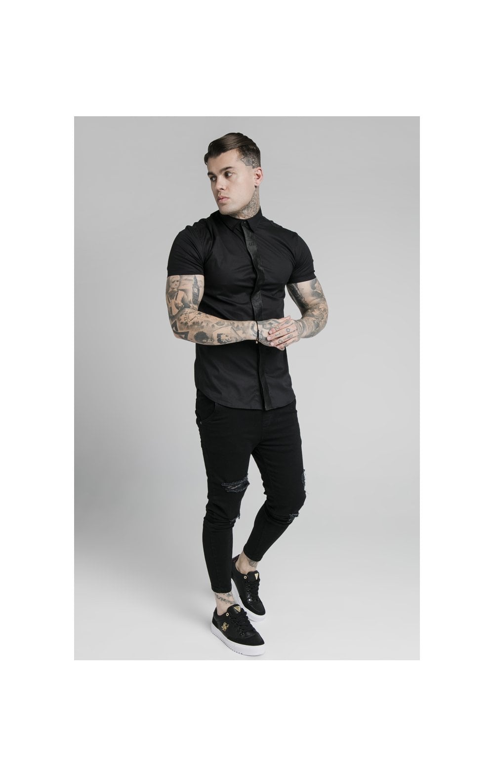 Load image into Gallery viewer, SikSilk S/S Woven Tape Placket Shirt - Black