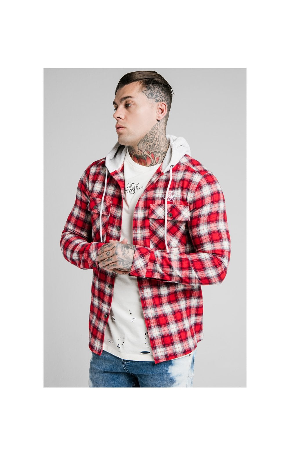 Load image into Gallery viewer, SikSilk L/S Hooded Flannel Shirt Jacket - Red &amp; Off White