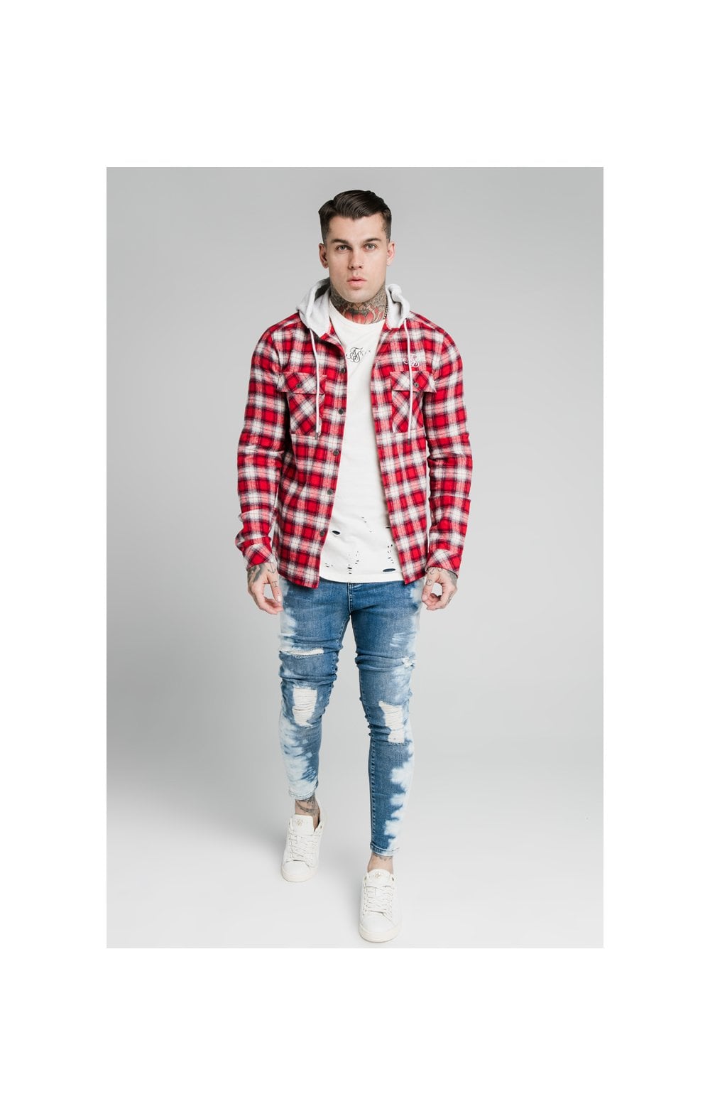 Load image into Gallery viewer, SikSilk L/S Hooded Flannel Shirt Jacket - Red &amp; Off White (4)
