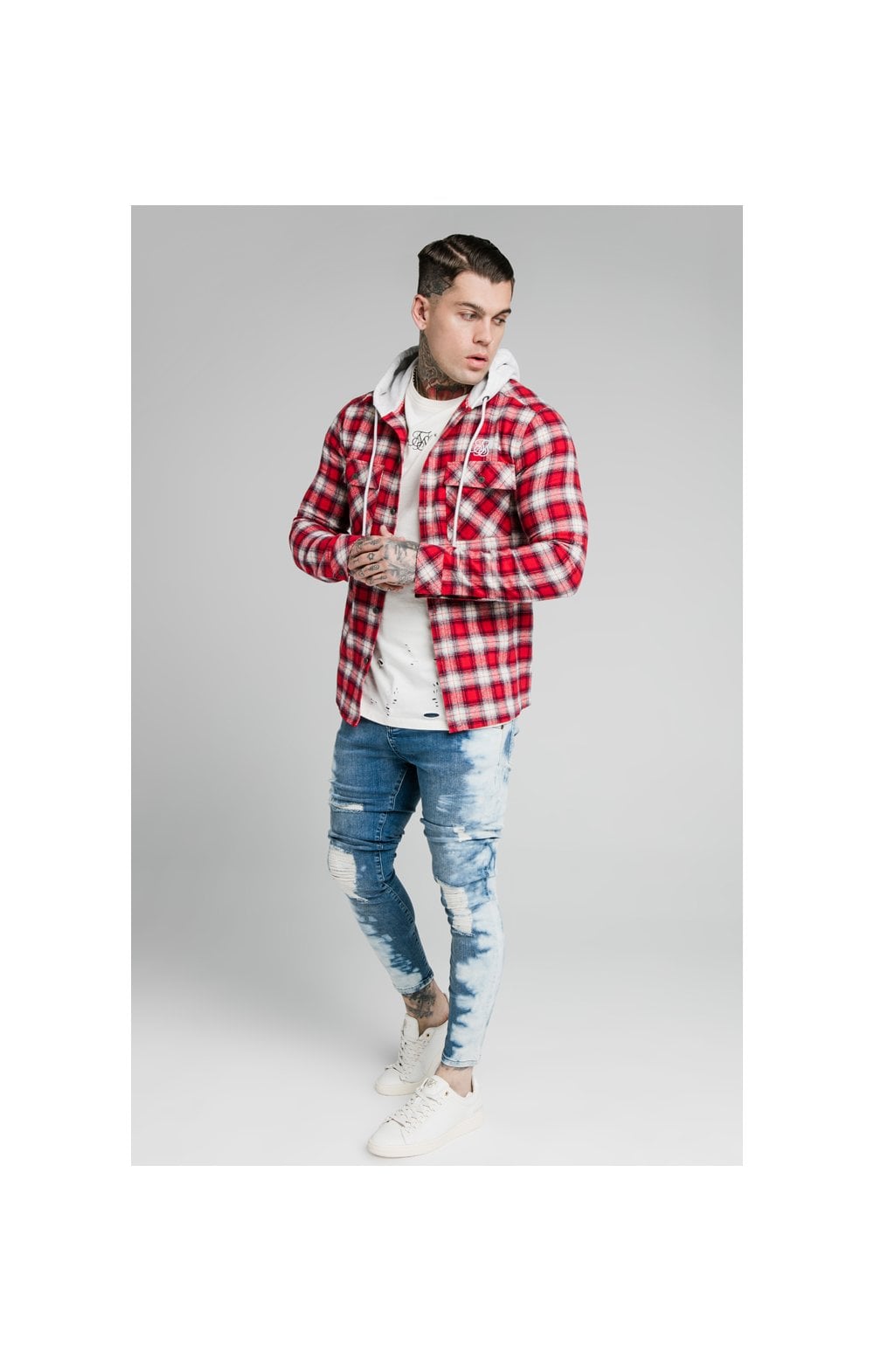 Load image into Gallery viewer, SikSilk L/S Hooded Flannel Shirt Jacket - Red &amp; Off White (5)