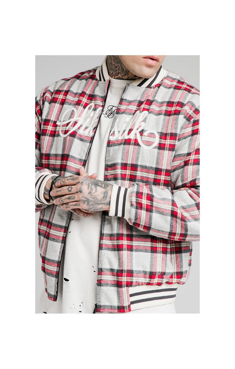 Load image into Gallery viewer, SikSilk Oversize Flannel Check Bomber - Grey &amp; Red (1)