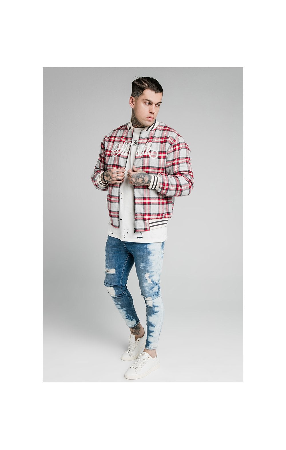 Load image into Gallery viewer, SikSilk Oversize Flannel Check Bomber - Grey &amp; Red (6)