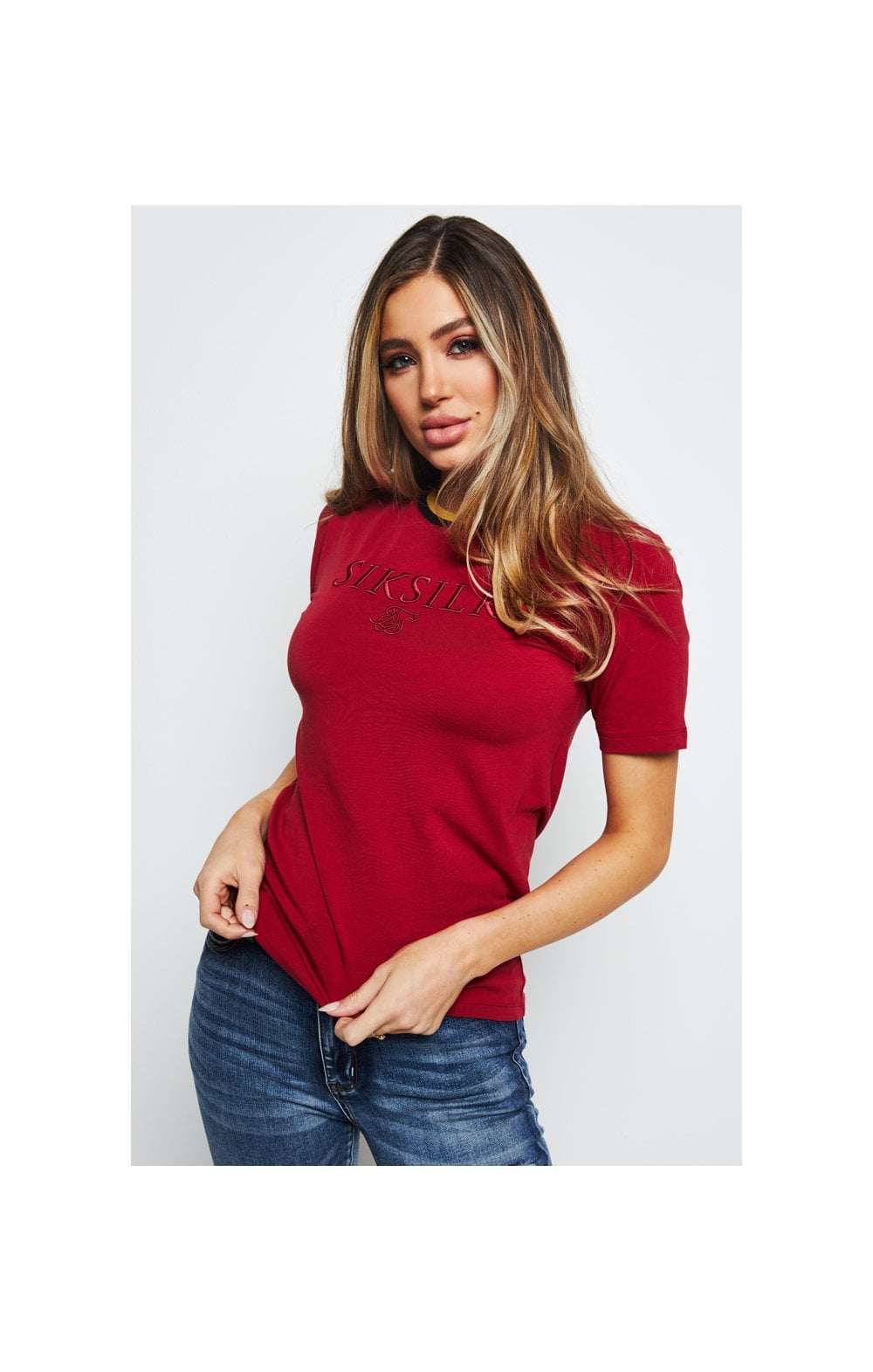 Load image into Gallery viewer, SikSilk Rib Knit Collar Ringer Tee - Red (2)