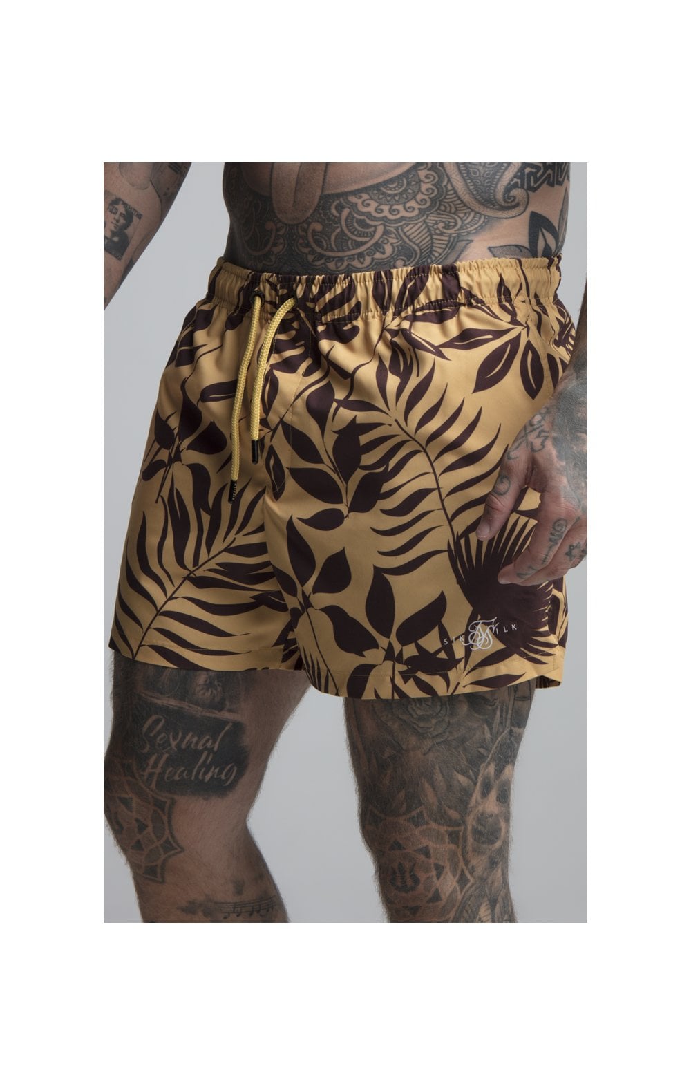 Load image into Gallery viewer, SikSilk Leaf Print Swim Shorts - Yellow &amp; Brown