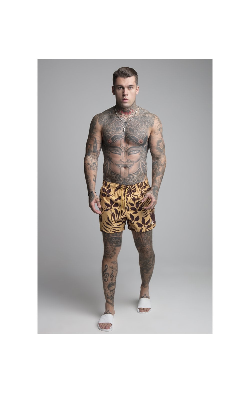 Load image into Gallery viewer, SikSilk Leaf Print Swim Shorts - Yellow &amp; Brown (1)