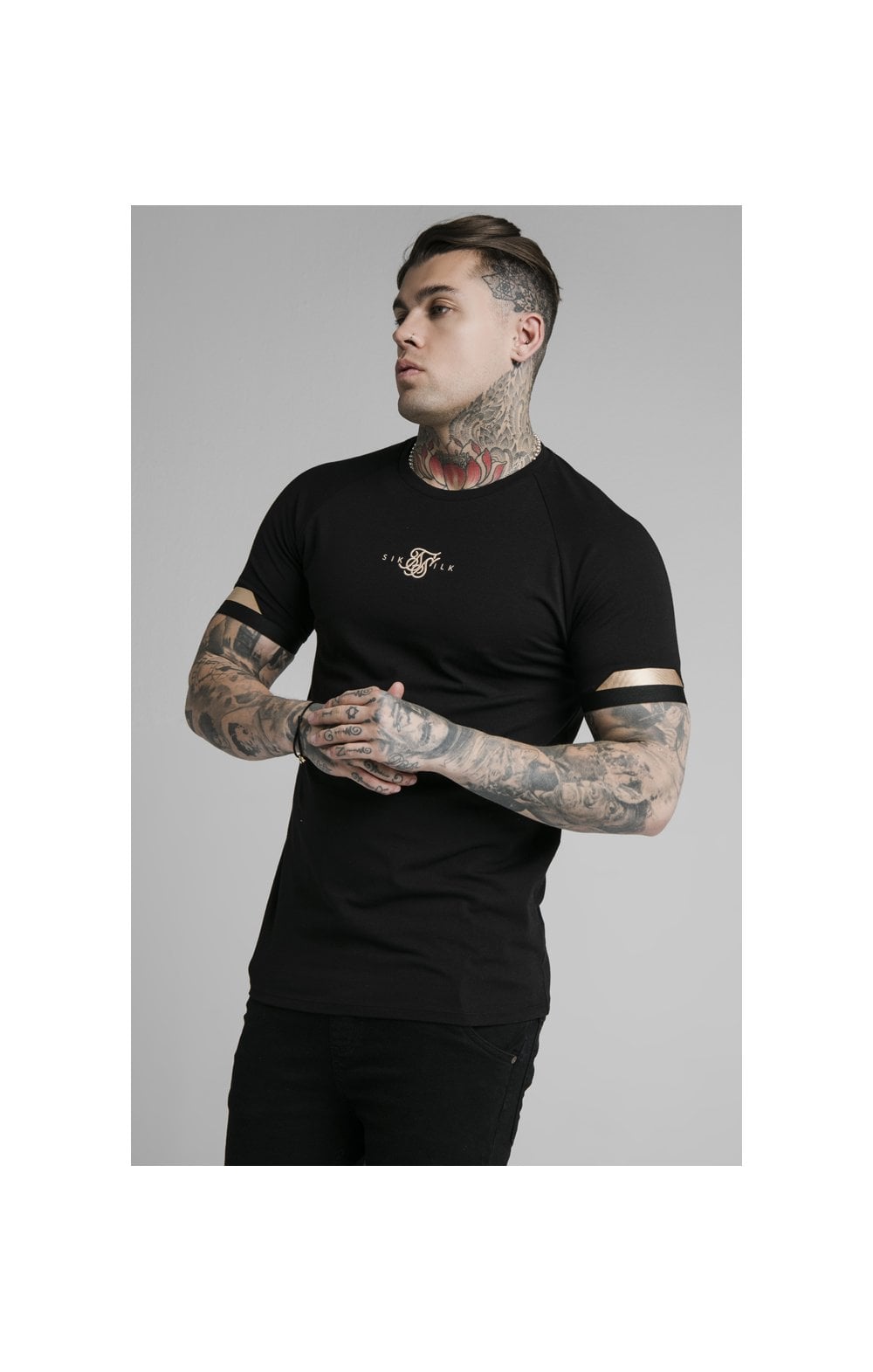 Load image into Gallery viewer, SikSilk Dual Cuff Tech Tee - Black &amp; Gold (2)