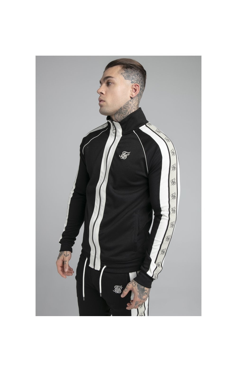 Load image into Gallery viewer, SikSilk Premium Tape Funnel Zip Through Hoodie - Jet Black &amp; Off White