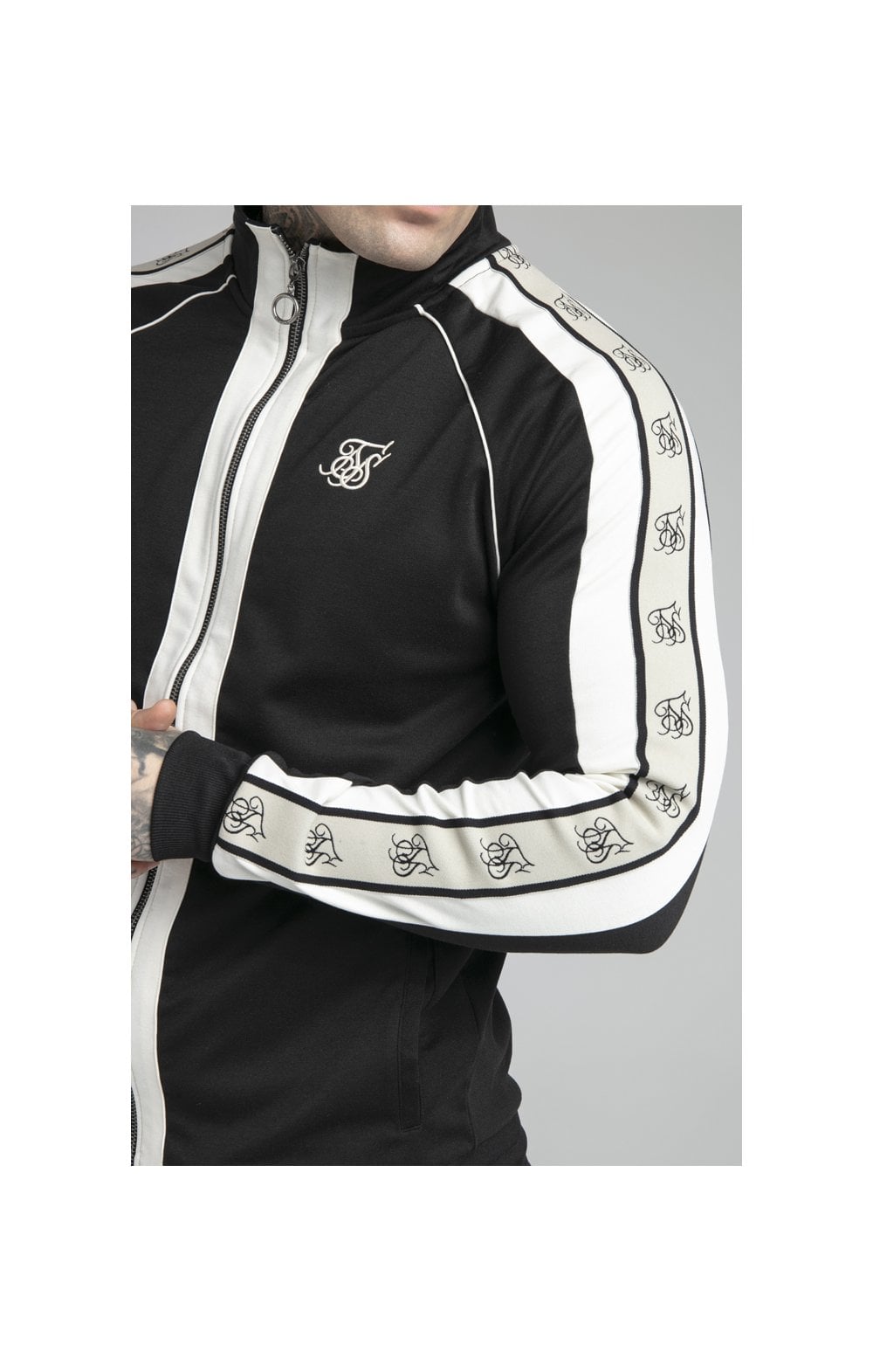Load image into Gallery viewer, SikSilk Premium Tape Funnel Zip Through Hoodie - Jet Black &amp; Off White (1)