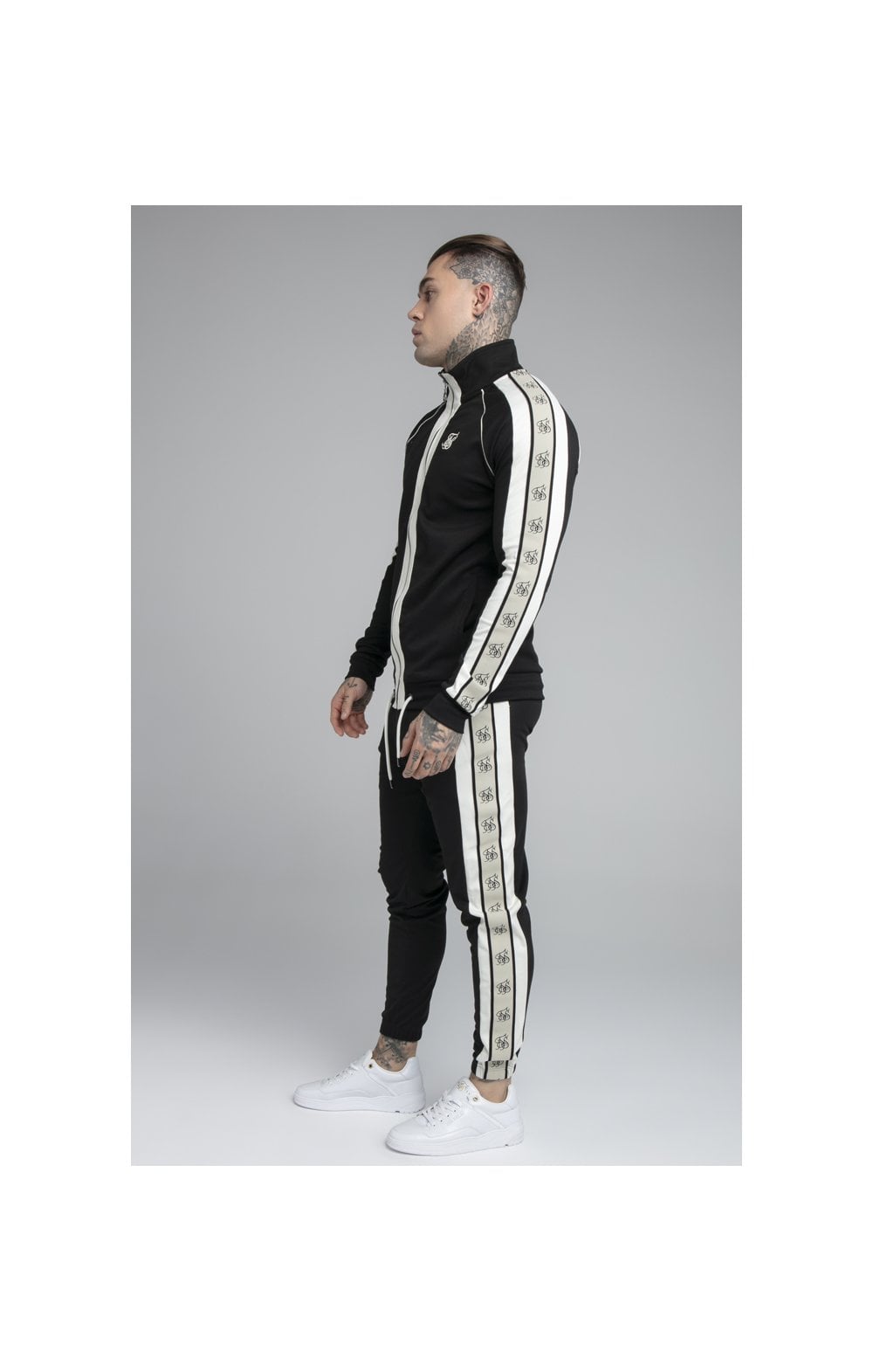 Load image into Gallery viewer, SikSilk Premium Tape Funnel Zip Through Hoodie - Jet Black &amp; Off White (2)