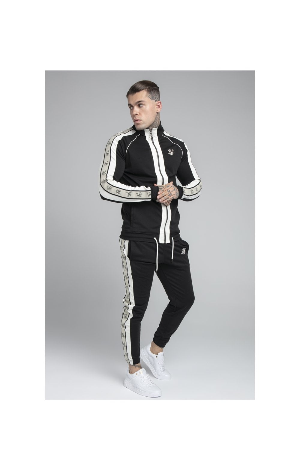Load image into Gallery viewer, SikSilk Premium Tape Funnel Zip Through Hoodie - Jet Black &amp; Off White (3)