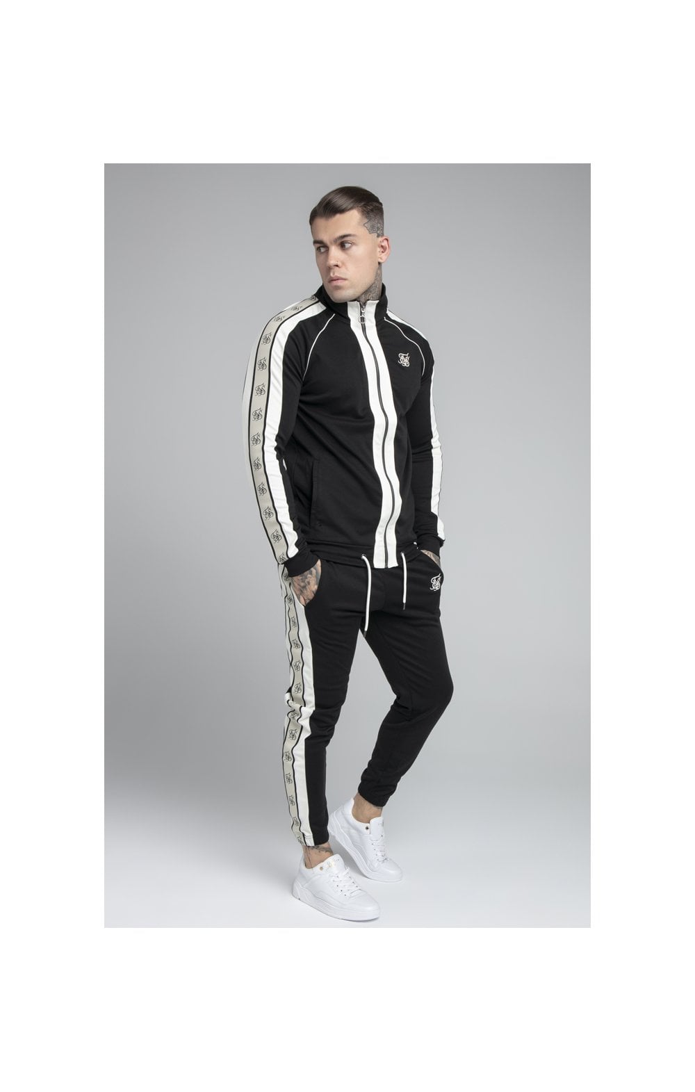 Load image into Gallery viewer, SikSilk Premium Tape Funnel Zip Through Hoodie - Jet Black &amp; Off White (4)