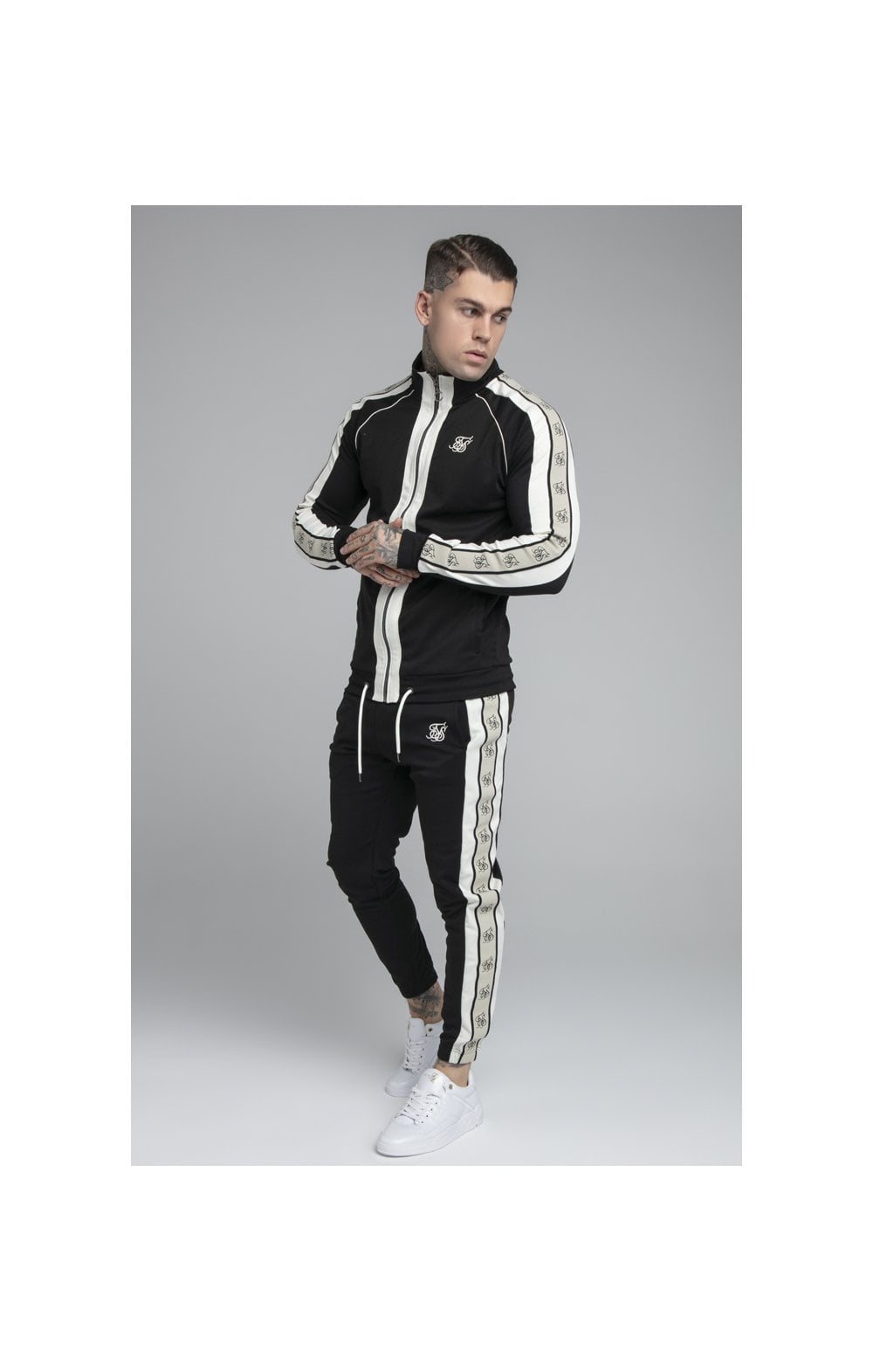 Load image into Gallery viewer, SikSilk Premium Tape Funnel Zip Through Hoodie - Jet Black &amp; Off White (5)