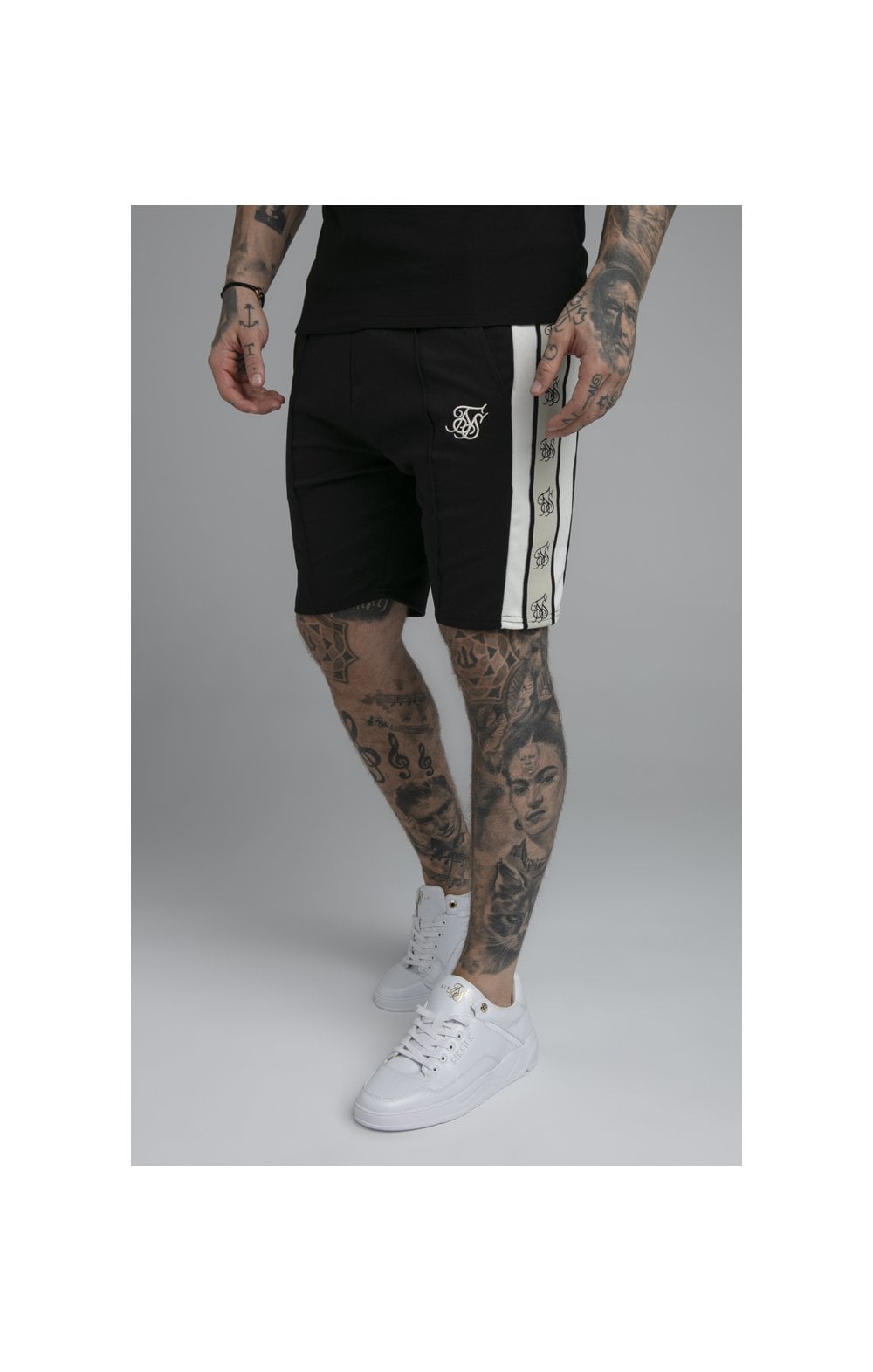 Load image into Gallery viewer, SikSilk Premium Tape Pleated Shorts - Jet Black &amp; Off White
