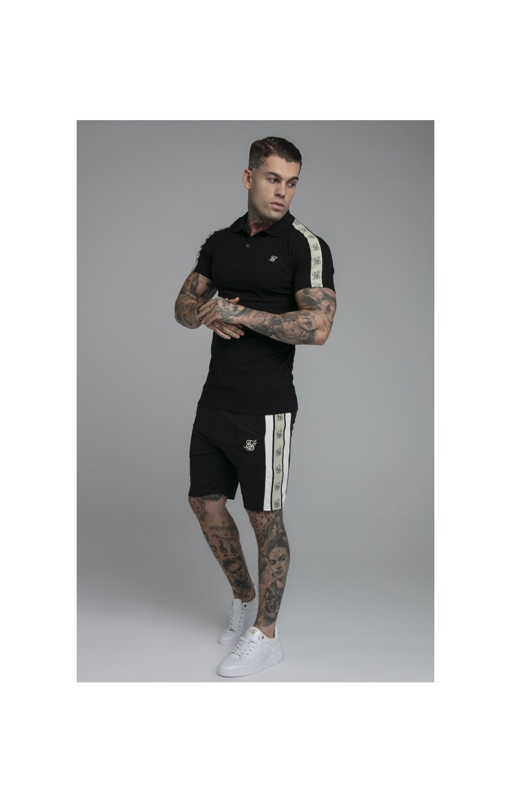 Load image into Gallery viewer, SikSilk Premium Tape Pleated Shorts - Jet Black &amp; Off White (4)