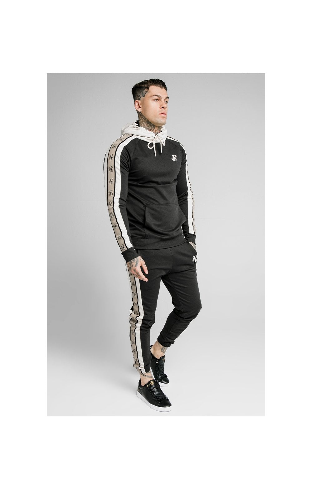 Load image into Gallery viewer, SikSilk Premium Tape Overhead Hoodie - Jet Black &amp; Off White (1)