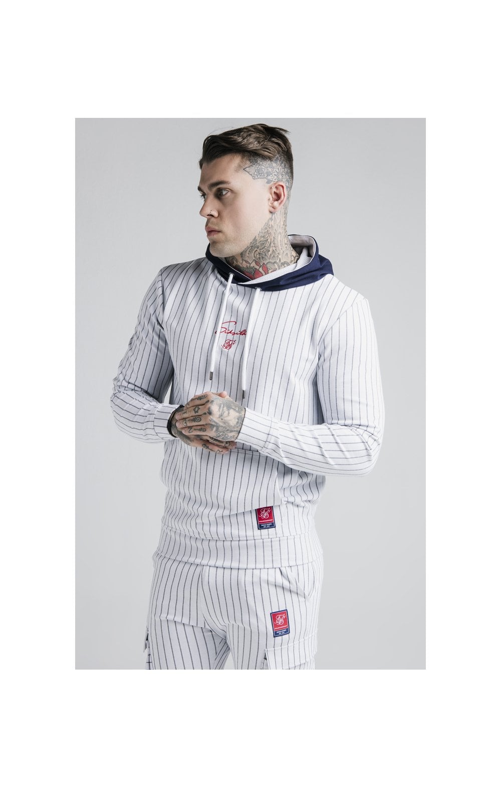 Load image into Gallery viewer, SikSilk Retro Sports Overhead Hoodie - Navy &amp; White