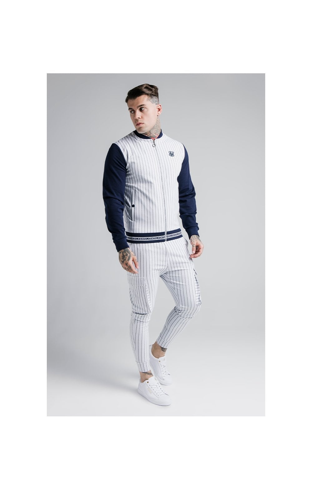 Load image into Gallery viewer, SikSilk Retro Sports Bomber - Navy &amp; White (3)