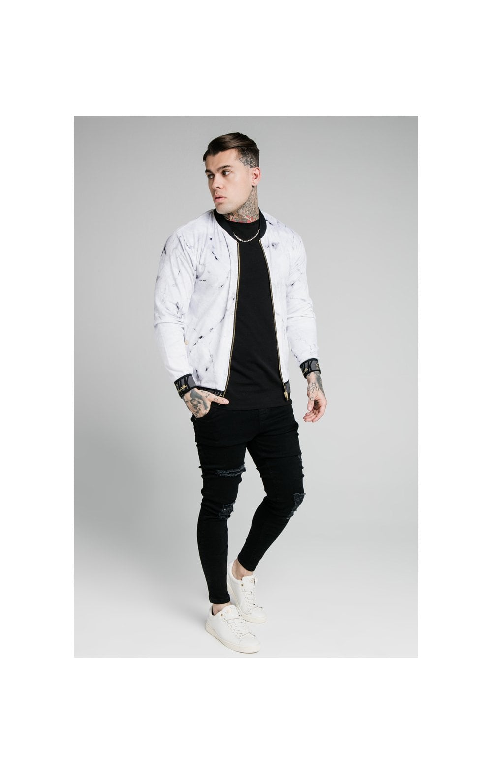 Load image into Gallery viewer, SikSilk Marble Velour Bomber - Grey &amp; White (5)