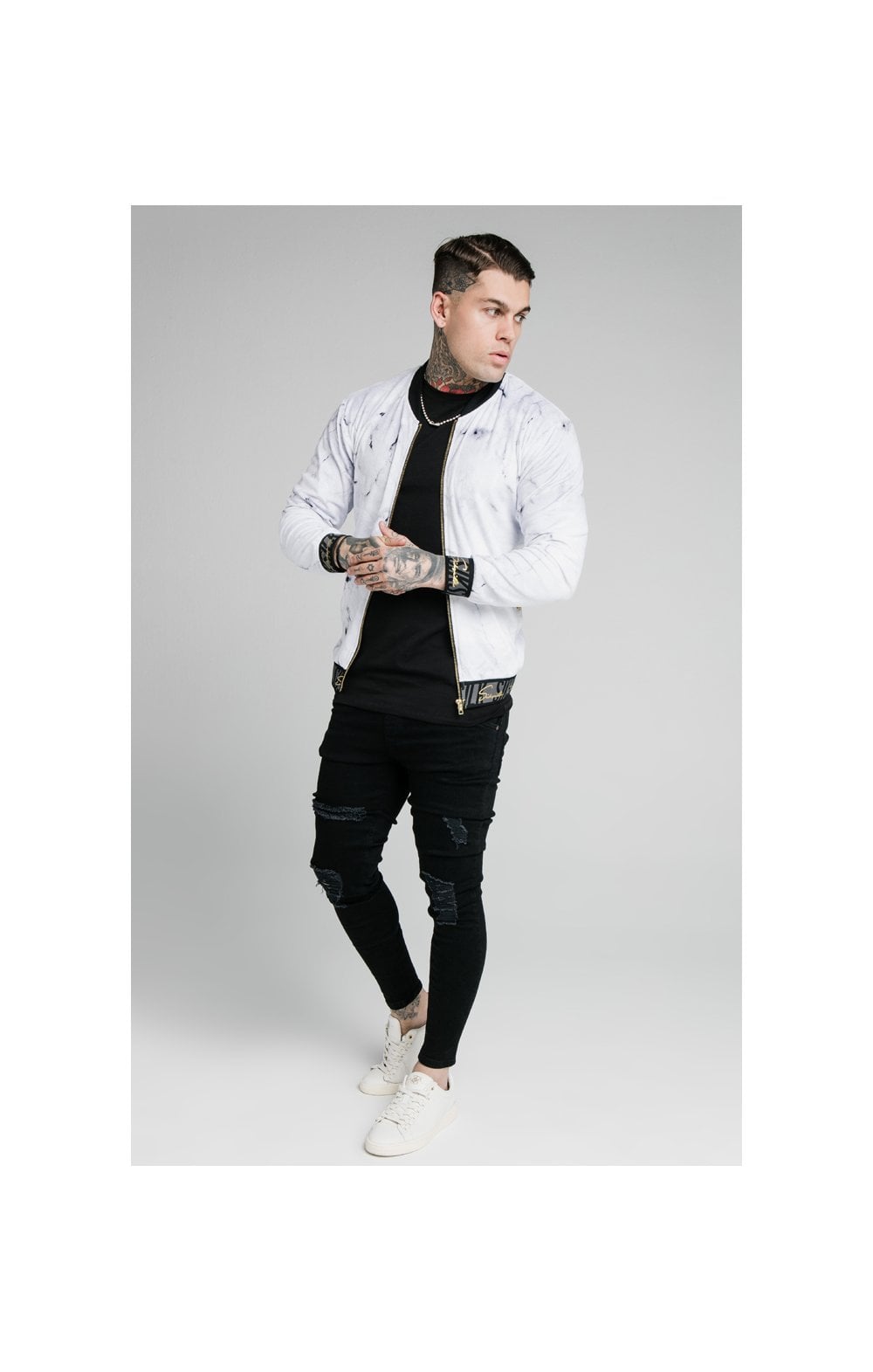 Load image into Gallery viewer, SikSilk Marble Velour Bomber - Grey &amp; White (6)