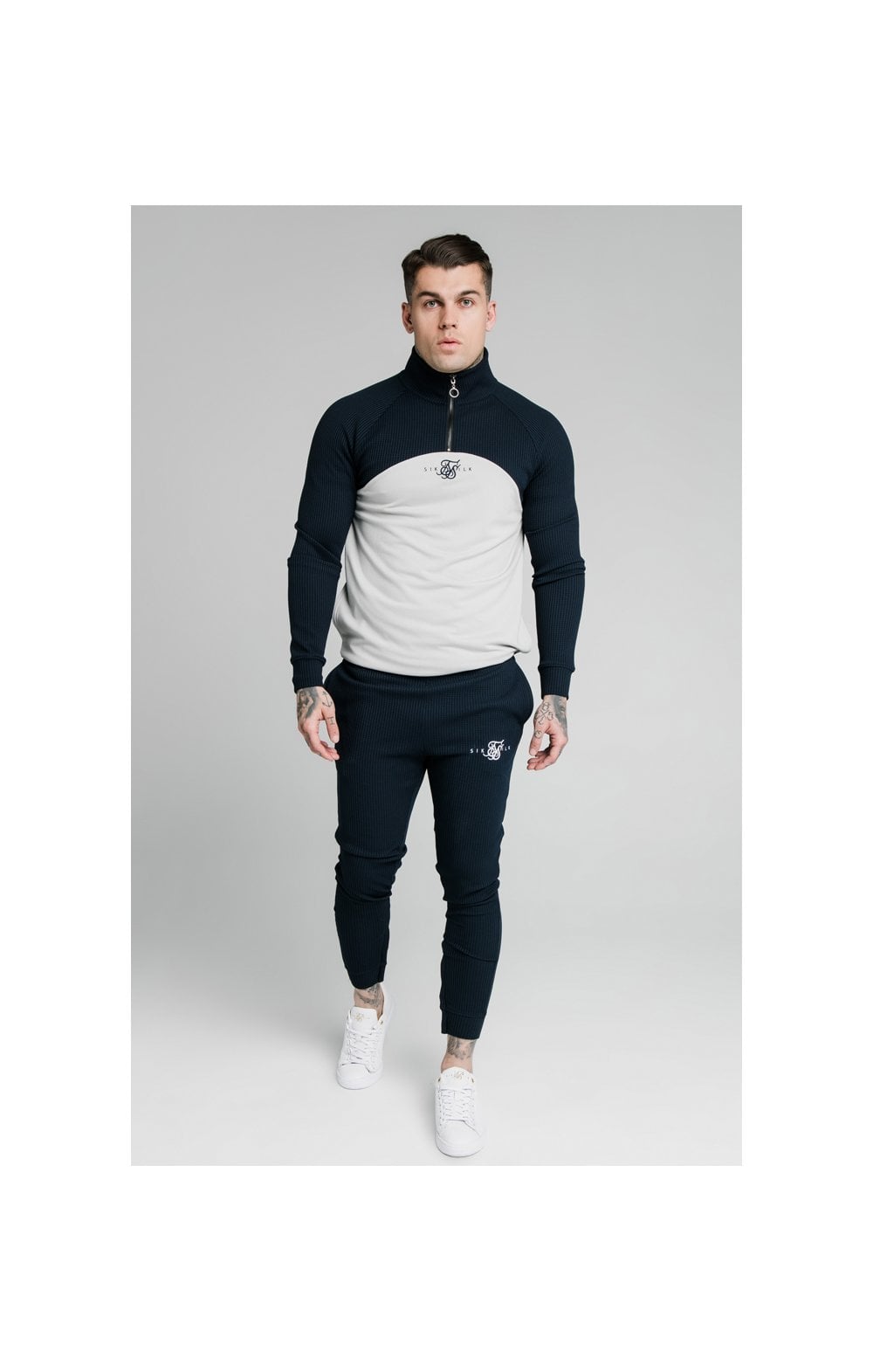 Load image into Gallery viewer, SikSilk Surface Quarter Zip Funnel Neck Hoodie - Navy &amp; Grey (2)