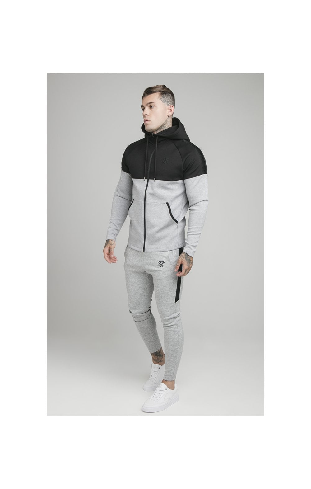Load image into Gallery viewer, Black Motion Tape Zip Through Hoodie And Jogger Set (7)