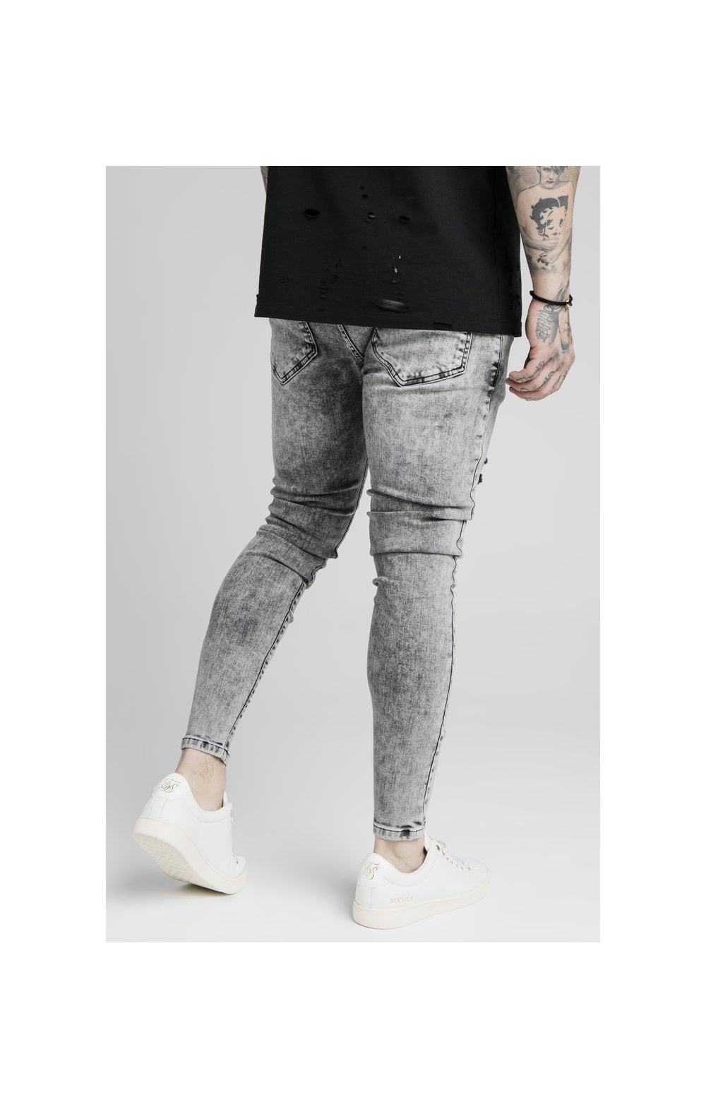 Load image into Gallery viewer, SikSilk Elasticated Tape Skinny Distressed Jeans - Snow Wash (2)