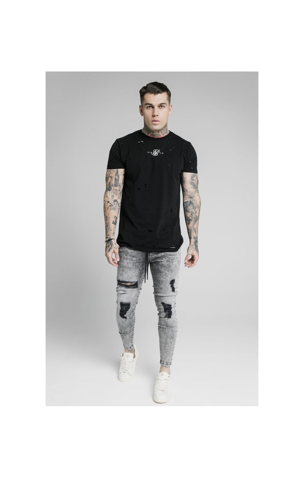 Load image into Gallery viewer, SikSilk Elasticated Tape Skinny Distressed Jeans - Snow Wash (3)